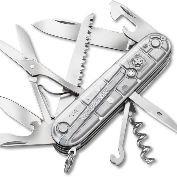 Victorinox Huntsman Swiss Army Knife, 15 Functions, Swiss Made Pocket Knife with Large Blade, Screwdriver, Scissors and Wood Saw - Silver Tech