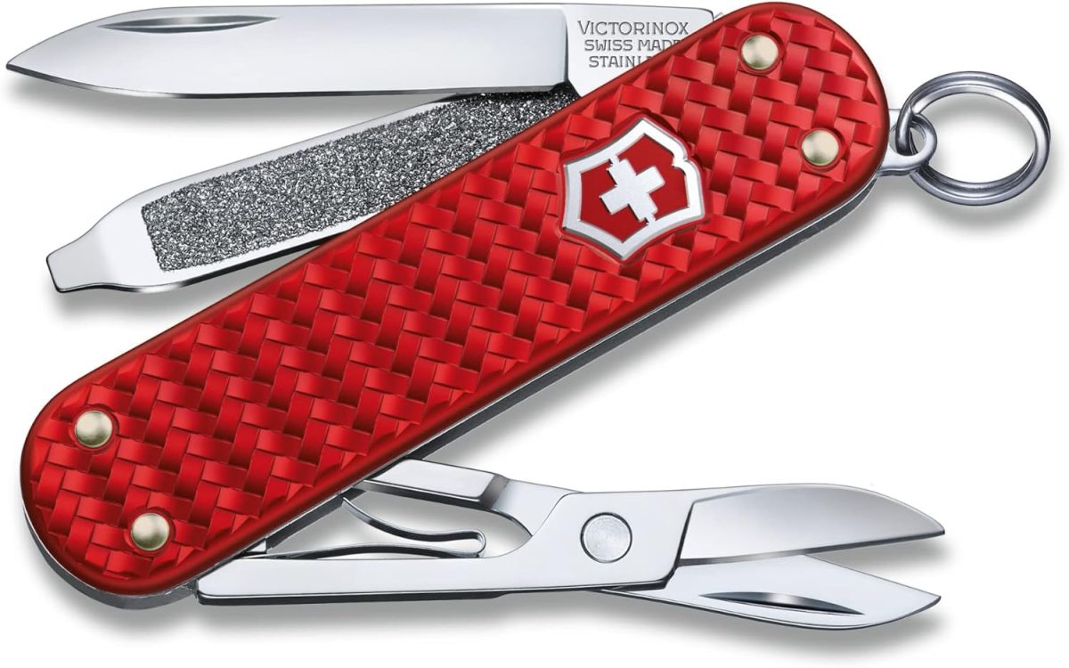 Victorinox Classic SD Precious Alox Swiss Army Knife, Compact 5 Function Swiss Made Pocket Knife with Small Blade, Screwdriver and Key Ring - Iconic Red