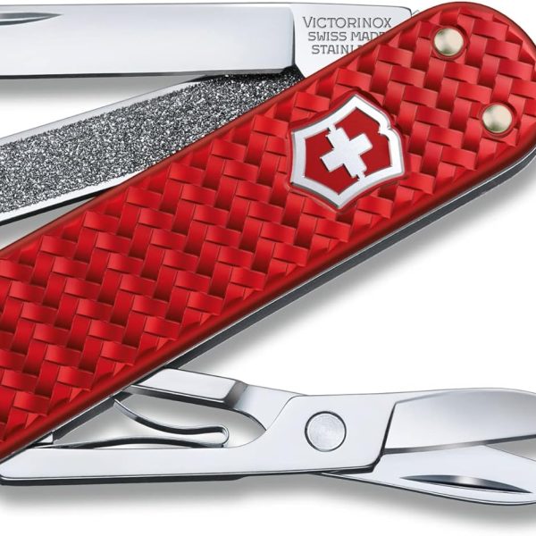 Victorinox Classic SD Precious Alox Swiss Army Knife, Compact 5 Function Swiss Made Pocket Knife with Small Blade, Screwdriver and Key Ring - Iconic Red