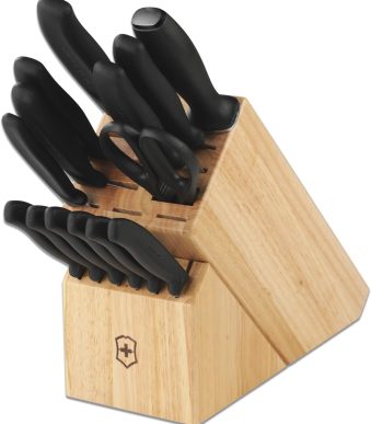 Victorinox Swiss Classic Knife Block - Kitchen Knife Set with Block for Home Essentials - Includes Chef's Knife, Santoku Knife & More - Black Handles, 15-Piece Set
