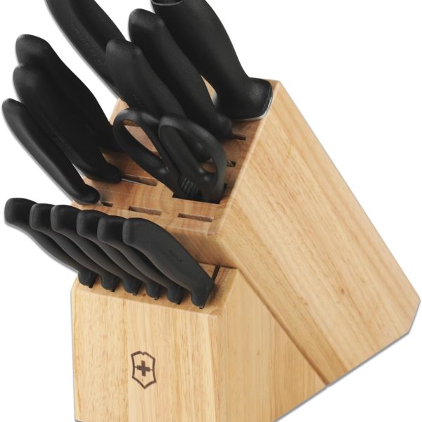 Victorinox Swiss Classic Knife Block - Kitchen Knife Set with Block for Home Essentials - Includes Chef's Knife, Santoku Knife & More - Black Handles, 15-Piece Set