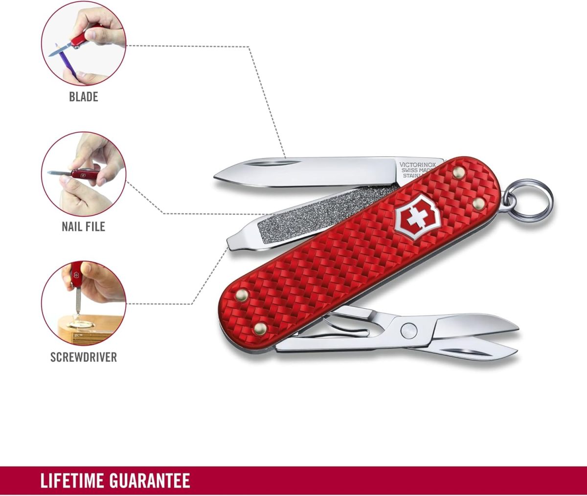 Victorinox Classic SD Precious Alox Swiss Army Knife, Compact 5 Function Swiss Made Pocket Knife with Small Blade, Screwdriver and Key Ring - Iconic Red